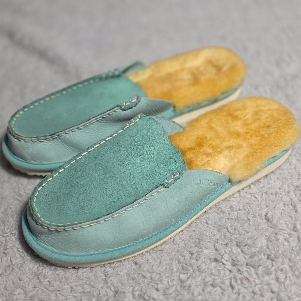 LL Bean Women's Teal Suede Sheepskin Fur Lined‎ Moccasin Slippers Shoes 11